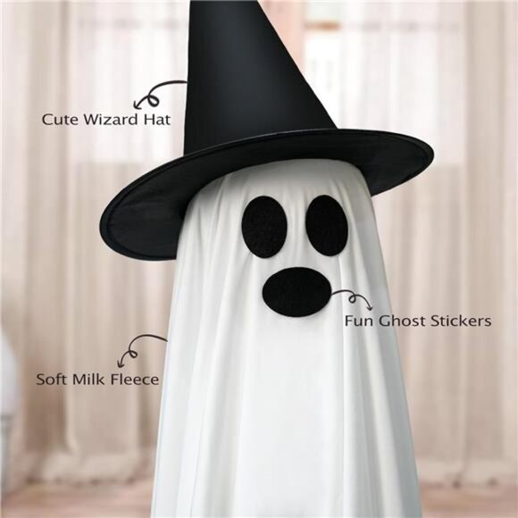2 Pack Large Light-Up Spooky Ghosts with 8 Mode LED Light and 2 Witch Hats - Picture 6 of 7